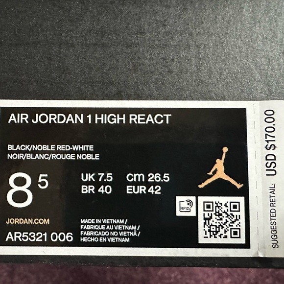 Air Jordan 1 High React Black Noble Red; men’s 8.5 - Picture 6 of 14
